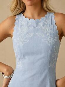 Enchnt Đầm nữ không tay cổ tròn, thêu hoa, vạt cong, kiểu dáng thường ngày. - Màu xanh nhạt - Xem 2