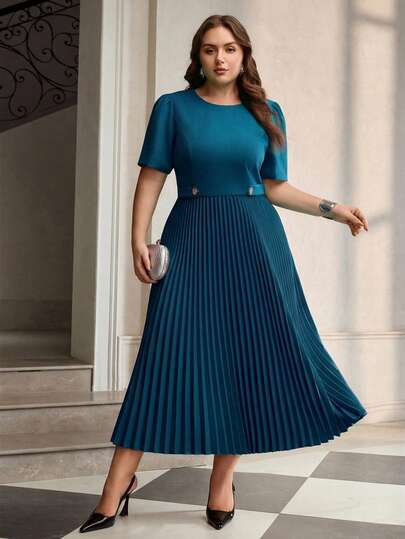 ZEYLAH Plus Size Women's Elegant Solid Color Bubble Sleeve Pleated Hem Waist Cinched Midi Dress, Summer