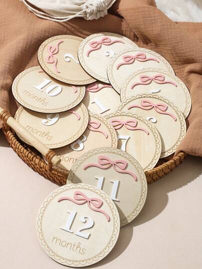 SHEIN Newborn Round Tag Bow Decor Number Plate Photography Set