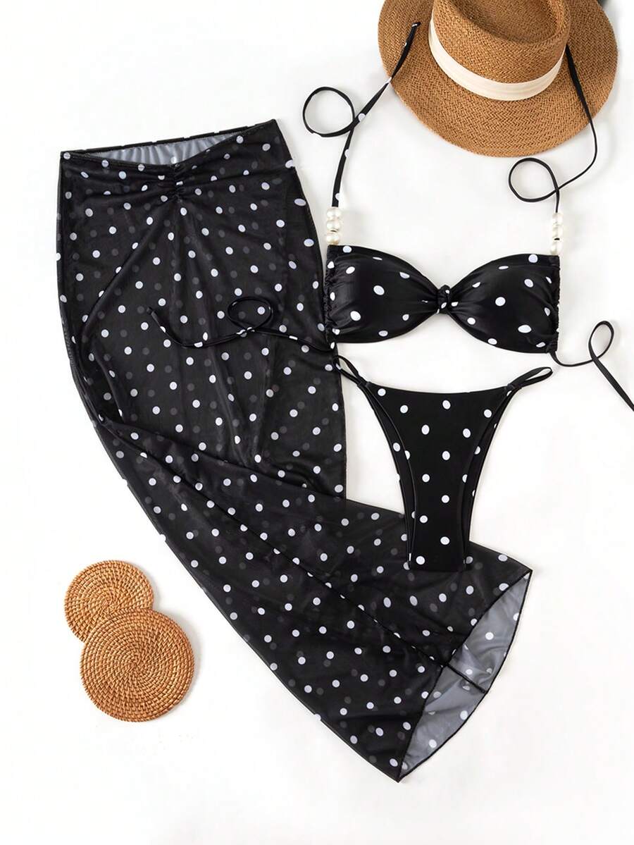 Swim SXY 性感泳装三件套,春夏假日随机印花咖啡色不对称珍珠装饰抹胸比基尼上衣、下装和褶皱前裙,性感女士泳装套装,女士度假套装,女士泳衣,波点女士泳装两件套,女士泳装冬季女士夏季套装,波点 - 黑與白 - 查看 1
