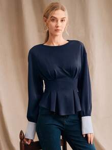 Anewsta 女士秋季条纹拼接卫衣，褶裥腰部设计，优雅套头衫 - 藏蓝色 - 查看 6