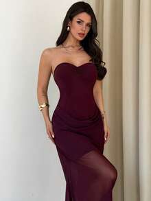 Firerie Women's Elegant Romantic Strapless Ruched Dress With Mesh Overlay, Suitable For Wedding - Red Violet - View 9