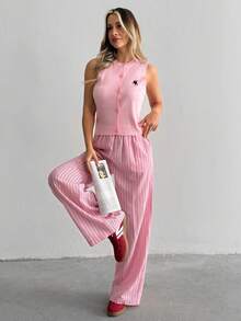 SHEIN Ärmlös stickad tröja väst kofta med broderi - Rosa - Visa 3