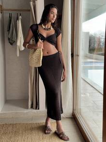 SHEIN Conjunto de saída de praia em malha de cor sólida para férias - Castanho - Ver 4