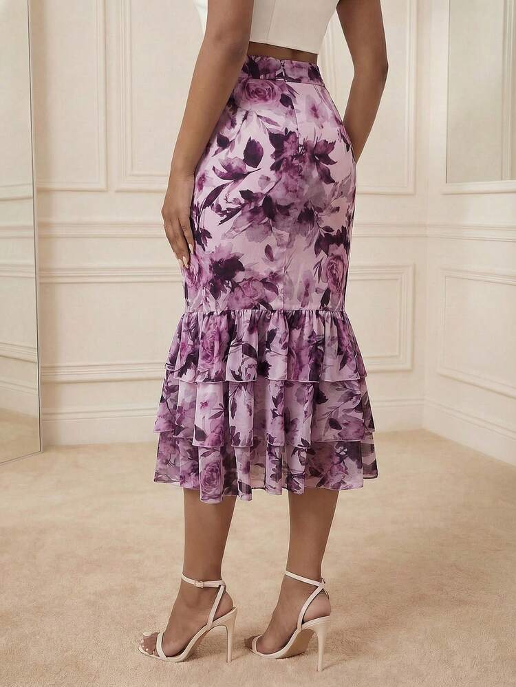 Anewsta Spring & Summer Floral Print Bodycon Layered Ruffle Hem Fishtail Vacation Holiday Sheer Skirt For Women