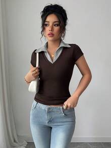 SHEIN Raffinéa Áo polo nữ tay ngắn, thoải mái, thanh lịch, phù hợp cho cả đi làm và đi nghỉ mát, thích hợp cho người trưởng thành, gợi cảm, cổ chữ V, phối sọc, chất liệu 2 trong 1, co giãn tốt, ôm sát, thích hợp cho mùa xuân/hè. Áo polo nữ, áo body nữ, áo kiểu nữ. - Cà phê nâu - Xem 4