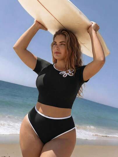 Swim SPRTY Women's Solid Color Round Neck Sleeveless Beach Bikini Set, Plus Size, Spring/Summer