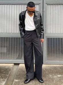 Ngobest Haus Ngobest Haus Men's Solid Color Waist Buckle Design Pocket Flared Leg Pants Japanese Pants Baggy Black Pants Oversized Pants Loose Pants Designer Pants - Black - View 1