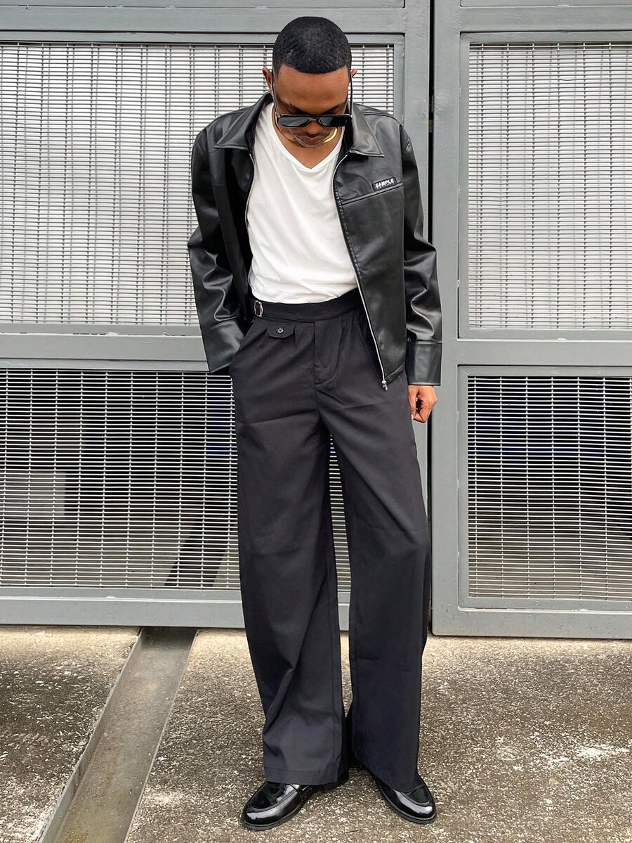 Ngobest Haus Ngobest Haus Men's Solid Color Waist Buckle Design Pocket Flared Leg Pants Japanese Pants Baggy Black Pants Oversized Pants Loose Pants Designer Pants - Black - View 1
