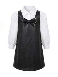 SUMWON 秋冬款女生校服黑色仿皮背带裙搭配白色纽扣衬衫 - 彩色 - 查看 1