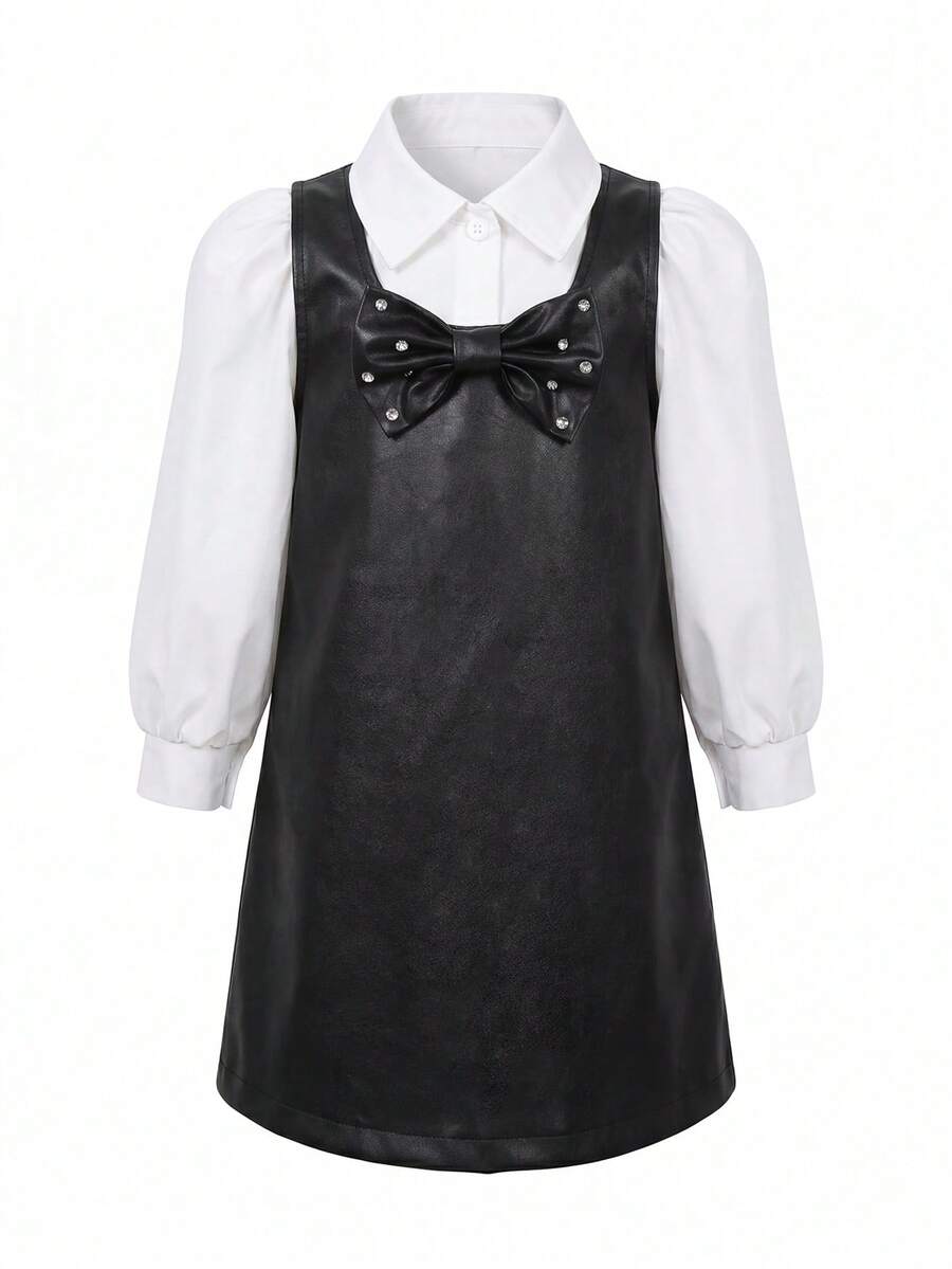 SUMWON 秋冬款女生校服黑色仿皮背带裙搭配白色纽扣衬衫 - 彩色 - 查看 1