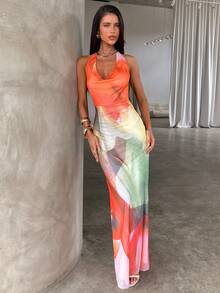 Aloruh Elegant Sexy Pastal Summer Casual Vacation Goddess Halter Backless Deep Draped Neck Floral Mesh Print Bodycon Maxi Dresses For Women Golf - Multicolor - View 8