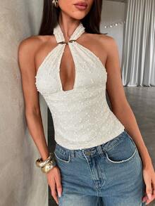 Aloruh Spring/Summer New Metal Accessory Halter Backless Deep V-Neck Bodycon Textured Fabric Halter Tie Back Camisole, Suitable For Valentine's Day, Wedding Season, Music Festivals, Sexy Chic Outfit, Apricot, Solid Color Beige Gedisha Rhinestone Top Halter Tops For Women Pearl Top Women Sexy Tops For Ladies - Apricot - View 12