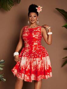 Maweii Plus Size Ruched Waist Round Neck Sleeveless Beach Vacation Sexy Halloween Print Dress - Orange - View 5