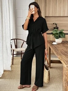 Louniche Conjunto de 2 piezas de camisa y pantalones de unicolor con cordón en la cintura, estilo casual de verano - Negro - Ver 5