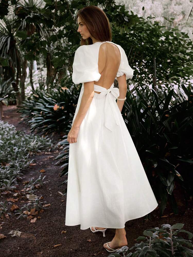 SHEIN Maija Women's Solid Color Deep V-Neck Short Petal Sleeve Backless Midi Dress, Summer Dress, Summer Outfits, Summer Dresses For Women, Summer Clothes, Summer Outfit For Women, Spring Clothing, Spring Dress , Spring Women, Festival Dress, Elegant Dresses For Party, Elegant Party Dresses, Wedding Guest Dress For Women, Wedding Party Dress, Weddings & Events, Bridesmaid Dress, Wedding Guest Party Dress, White Dresses , Backless Design With Puff Sleeves