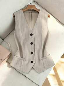 Franclia Women's Classy Beige Striped V-Neck Vest,Sleeveless Summer Business Casual Blazer,Lightweight Office Suit Jacket,Work Outfits For Commuting - Khaki - View 1