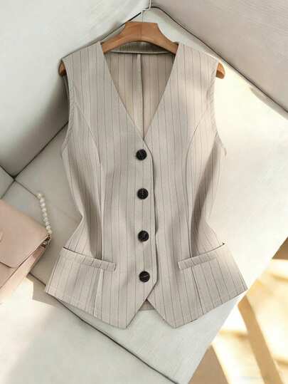  Franclia Women's Casual V-Neck Jacket, Soft Striped Sleeveless Blazer, Women's Vest, Women's Suit Vest, Women's Lightweight Blazer, Suitable For Commuting, Spring And Autumn Wear, Women's Casual Suit Vest, Women's Jacket, Women's Suit Jacket, Women's Khaki Suit Jacket, Women's Short Jacket, Women's Summer Casual Office Top, Women's Summer Jacket For Air-Conditioned Rooms, Women's Spring Clothing, Summer Clothing, Women's Office, Small Blazer, Women's Summer Casual Wear, Women's Striped Top, Women's Casual Top,Women's Casual Vest,Work Outfits For Women ,Office Outfits For Women,Business Professional Women