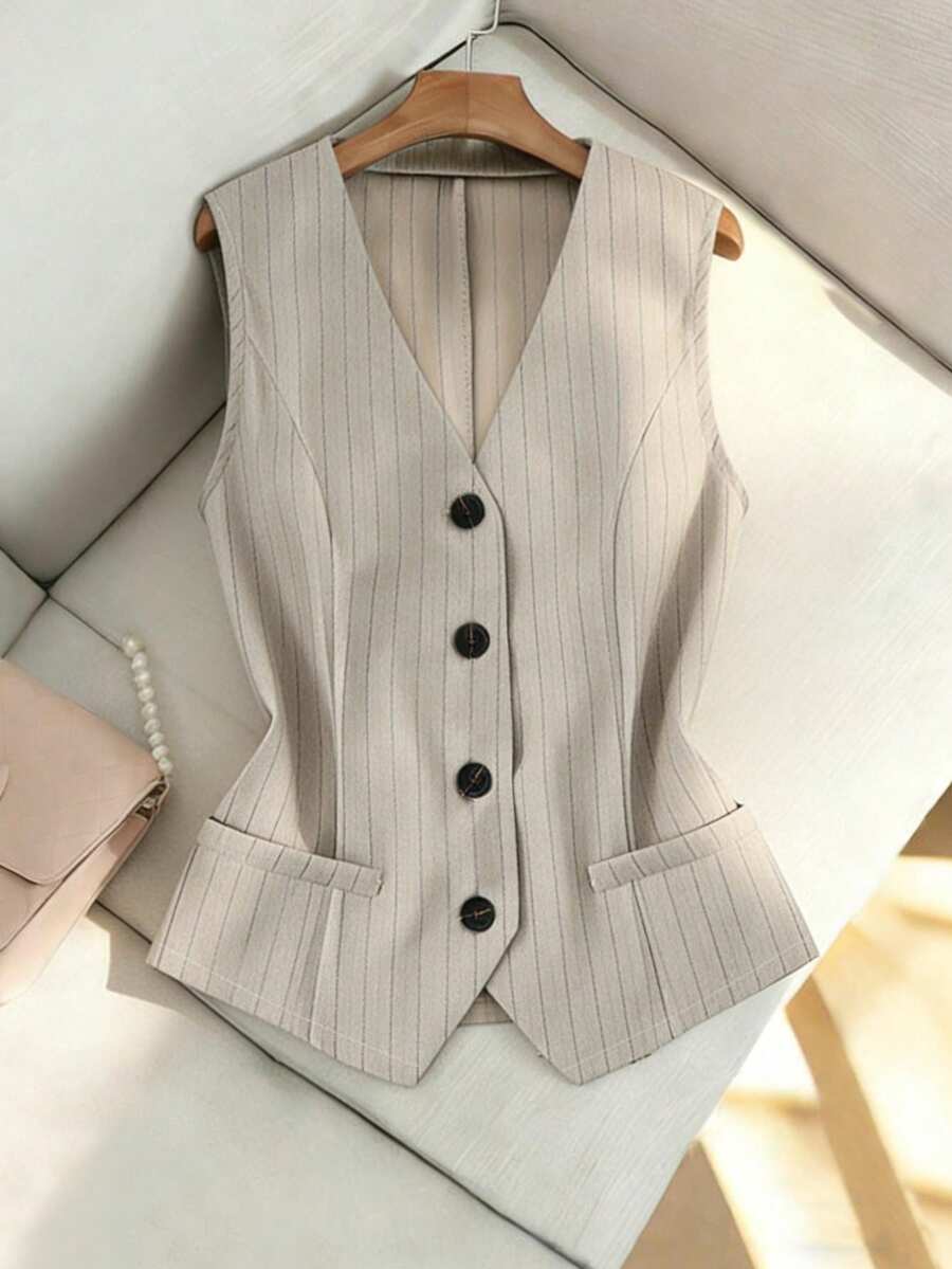 Franclia Women's Classy Beige Striped V-Neck Vest,Sleeveless Summer Business Casual Blazer,Lightweight Office Suit Jacket,Work Outfits For Commuting - Khaki - View 1
