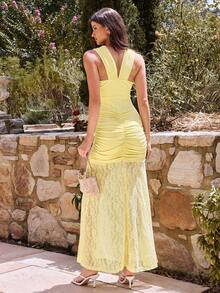 Enchnt Đầm dài dáng đuôi cá ôm sát, thanh lịch, gợi cảm dành cho nữ, chất liệu ren. - Màu vàng - Xem 6