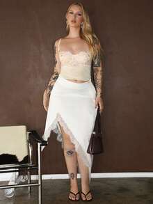 Arliah 女士优雅刺绣撞色蕾丝不对称半身裙，春夏款 - 杏色 - 查看 1