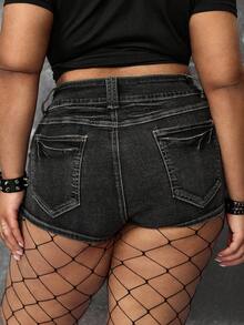 ROMWE Grunge Punk Quần short denim rách họa tiết đầu lâu đính đinh tán dành cho nữ cỡ lớn mùa hè. - màu đen - Xem 3