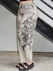 Arliah 时尚休闲街头风复古印花阔腿牛仔裤 - 中等水洗藍 - 查看 3