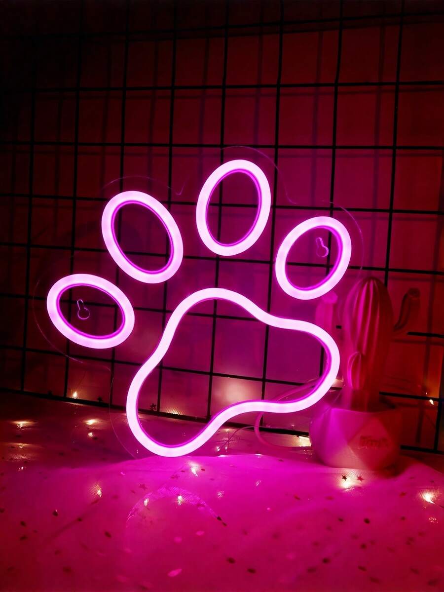 1PC Pink Paw Print LED Neon Sign, USB Powered Acrylic Light With Switch & Hanging Chain, Cute Decor For Pet Lovers, Bedroom, Game Room, Bar & Party - Multicolor - View 1