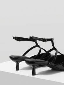 Mnmlis Women Shoes Spring And Autumn T Buckle Pointed Heel, Simple Patent Leather Black Shoes Commuter Party - Black - View 3