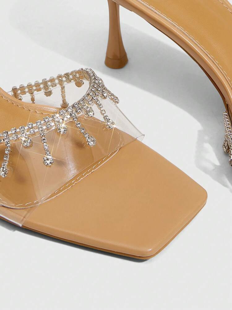 CUCCOO SZL Women Shoes Summer Square Toe Thin High Heel Apricot Transparent Film Rhinestone Chain Open Toe Women's Sandals Sexy Fashion Gorgeous With Skirts Banquet Party Night Club Women's High Heel Sandals Slippers