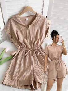 GlowEve 女士春夏休闲度假纹理罗纹插肩袖连帽拉链收腰阔腿短款连体裤 - 卡其色 - 查看 1