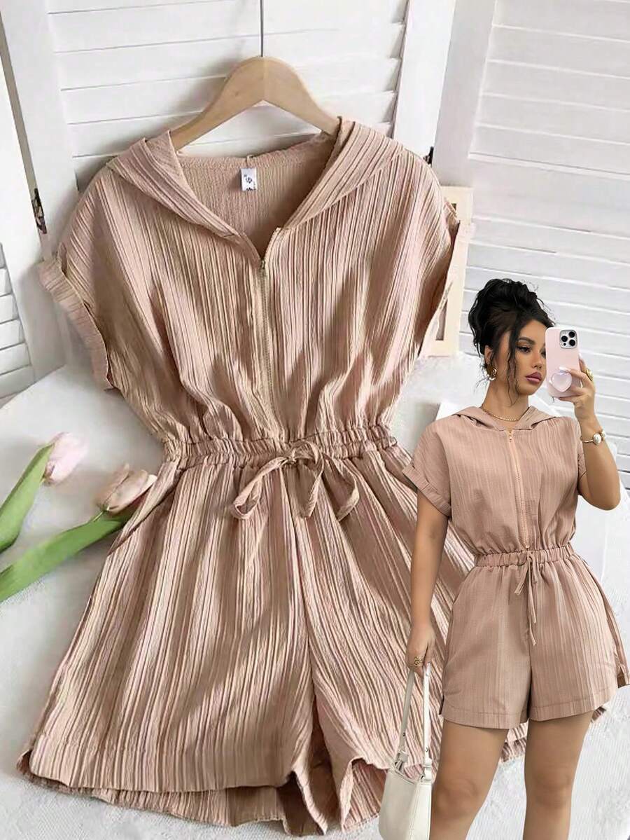 GlowEve 女士春夏休闲度假纹理罗纹插肩袖连帽拉链收腰阔腿短款连体裤 - 卡其色 - 查看 1