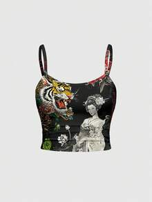 ROMWE Avant Music Festival New Chinese Style Dark Punk Tiger Head Geisha Slogan Chrysanthemum Plant Calligraphy Rose Sexy Camisole And Low Waist Flared Pants 2 Pieces Set For Women - Black - View 5