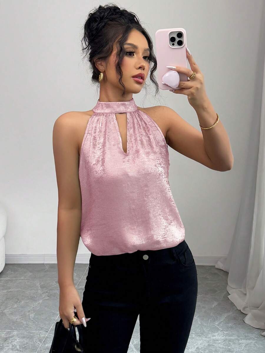 Selianne Blusa elegante sin mangas con escote halter brillante para vacaciones de primavera/verano - Rosa - Ver 1