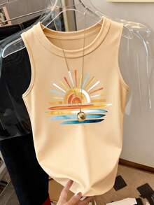 Resyla Women's Summer Casual Vacation Style Sun Crayon Print Tank Top - Apricot - View 4