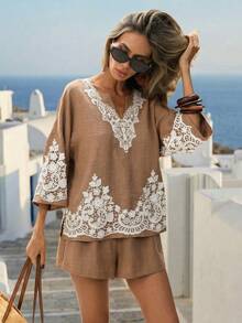 Breezaya Summer Bohemian Beach Vacation Lace Trim Casual Elegant 2 Pieces Set For Women - Khaki - View 9