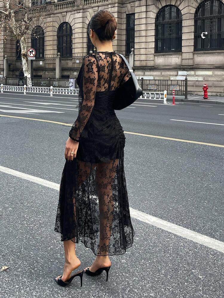 Elegant Party Black Lace Patchwork V-Neck Waist Cinched Long Dress, Suitable For Spring & Summer Sun Dresses For Women