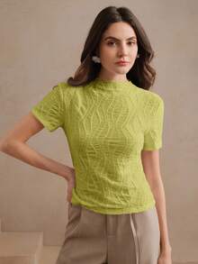 Anewsta Essential Anewsta 夏季优雅度假海滩节日休闲女式针织纹理褶皱杏色短袖T恤 - 橄欖綠 - 查看 6