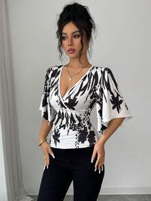 Elenzga 女士夏季外出、约会、新年、情人节、复活节、母亲节、音乐节、中东风情、婚礼、优雅、复古、休闲、通勤、浪漫、度假、碎花、V领、收腰、常规、喇叭袖、荷叶边下摆、开衩T恤、白色 - 黑與白 - 查看 4