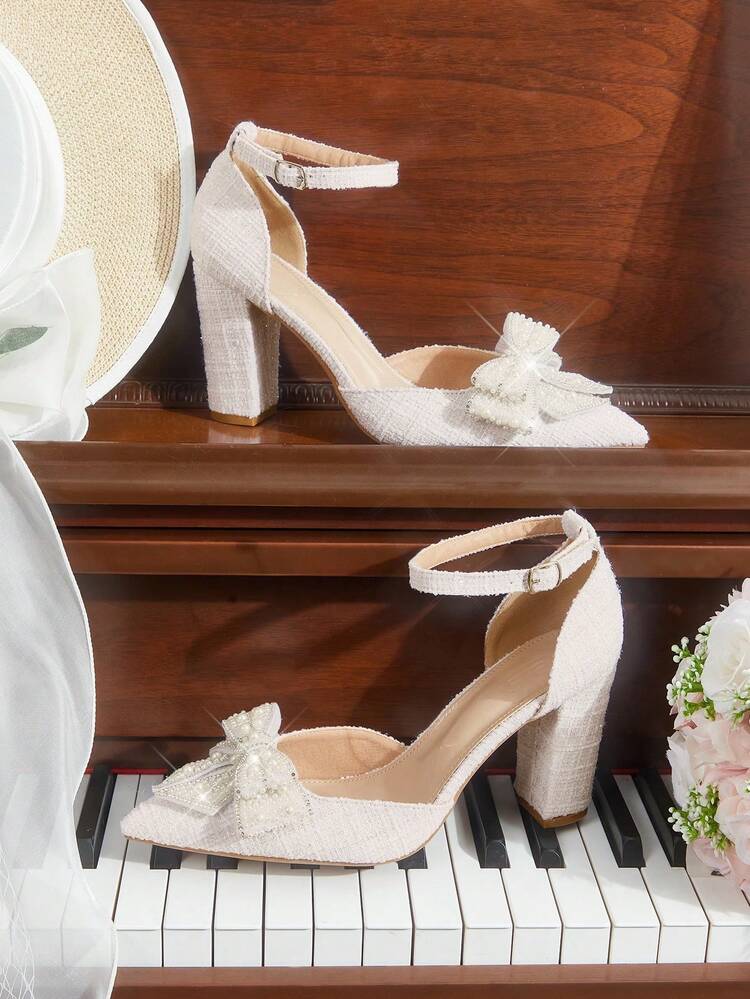 CUCCOO HITCHD Women Shoes Summer And Summer Faux Pearl Bow Pointed Thick Heel 9.5cm Women's High Heel Shoes Solid Color Dating Wedding Versatile Not Tired Feet Temperament Elegant And Skinny Fashion New Summer Shoes Wedding Shoes Bride Shoes