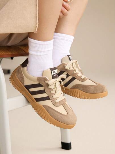 CUCCOO EASI Contrast Color Solid Preppy Casual Gym Sneakers For Women, Lace-Up Brown Patchwork Flat Retro Casual Outdoor Sports Running Shoes