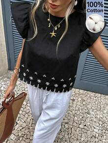 Serisse Women's Summer Casual Vacation Style Ruffle Armhole Embroidered Shell Trim Loose Blouse - Black - View 2