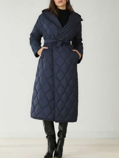 Bóhologie Diamond Quilted Longline Coat – Lightweight Belted Outerwear With Soft Shine Finish, Chic Minimal Padded Jacket For Cold Days, Elegant Street Style Layering Piece, Oversized Fit For Gen-Z, Everyday Cozy Coat In Navy Tone, Fall To Winter Essentia S For Women Outerwear Women Long Jacket For Women Winter Coat Women Long Coat Long Coats For Women