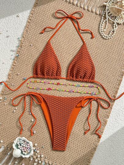 Swim Vcay 3pcs Detachable Waist Belt Swimsuit Set, Random Color Waist Chain Beads