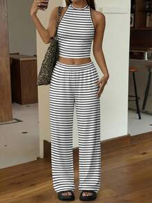SHEIN EZwear 休闲简约运动风黑白条纹露背吊带背心搭配宽松长裤，女士两件套，春夏百搭单品 - 彩色 - 查看 7