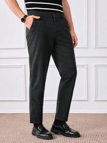 Officeau Men's Solid Color Slant Pocket Straight Leg Casual Pants, Suitable For Commuting - Black - View 5