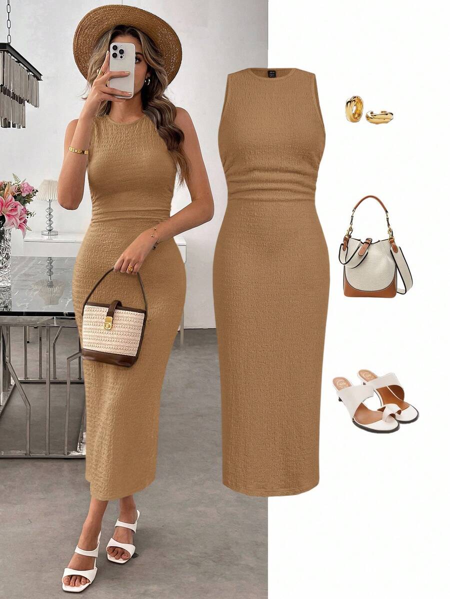 SHEIN LUNE 杏色纹理针织修身连衣裙 女士中长连衣裙 女士卡其色连衣裙 卡其色连衣裙 女士优雅中长连衣裙 - 卡其色 - 查看 1
