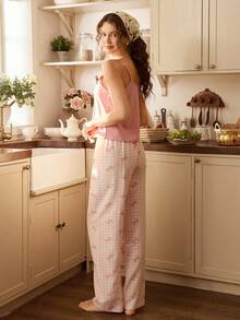 Tulorae 3pcs Colorblock Crinkle Fabric Bow Print Pajama Set For Women - Pink - View 7