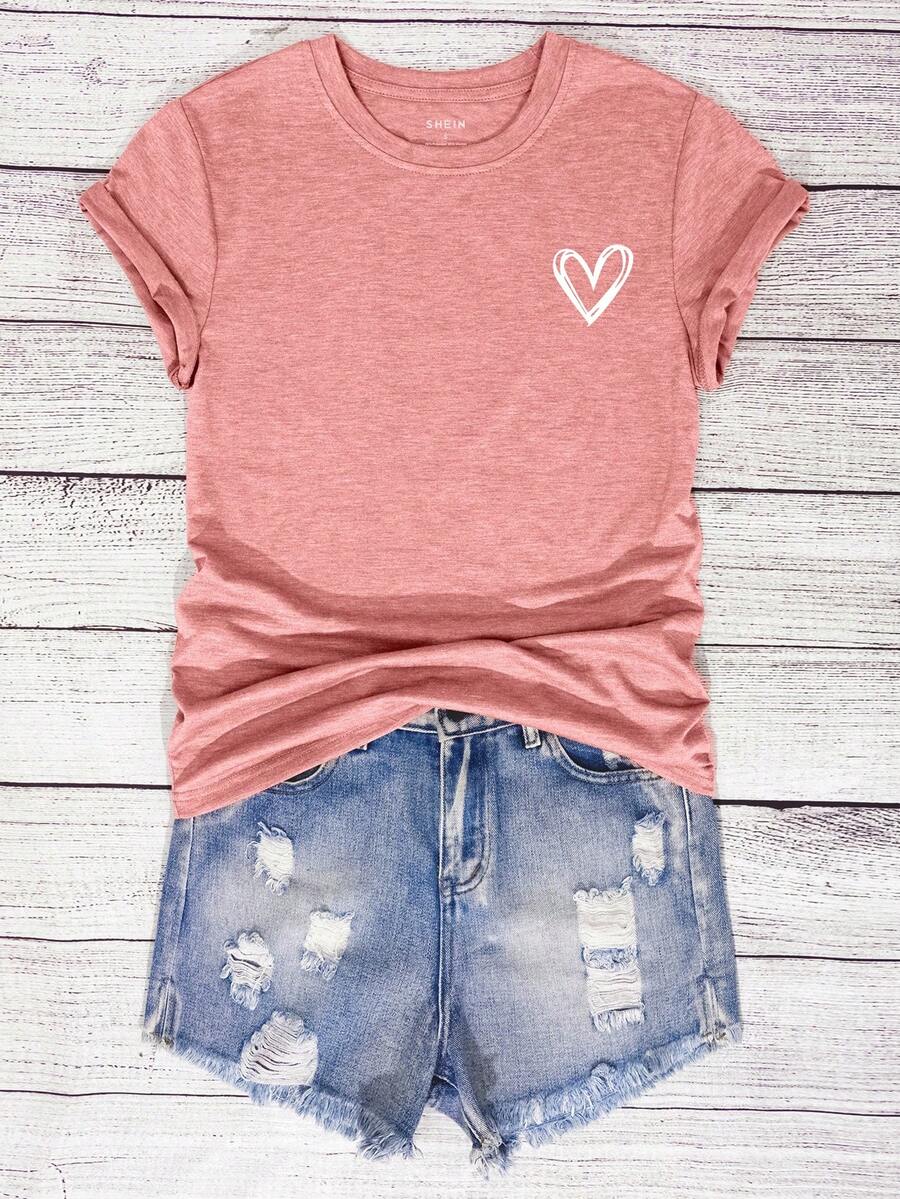 EMERY ROSE Áo thun nữ cổ tròn tay ngắn in hình trái tim, kiểu dáng thường ngày, thời trang. - Màu Hồng baby - Xem 1