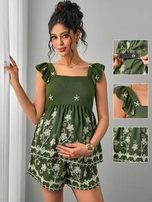 SHEIN Maternity Floral Embroidery Square Neck Cap Sleeve Top And Shorts Casual Suit - Army Green - View 1